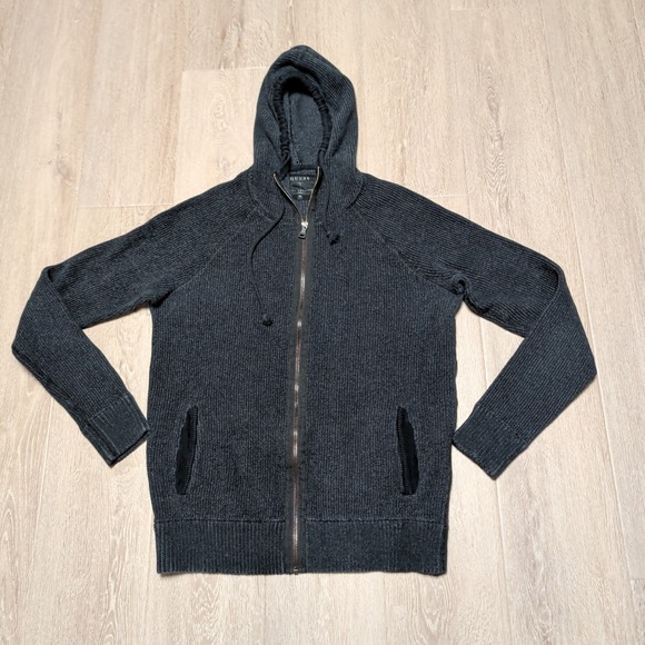 Guess Other - Guess Zip Up Sweater Mens XL Charcoal Grey Ribbed Knit Hooded 100% Cotton Y2K